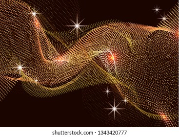 Bright dynamic background with wavy lines from circles, dots. Particles of different scale neon color on a dark background. Vector illustration of abstract technology background for your design.