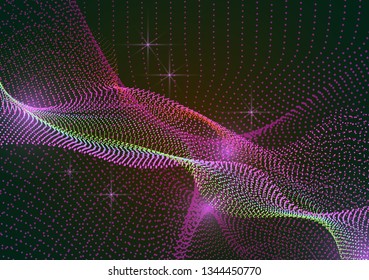 Bright dynamic background with wavy lines from circles, dots. Particles of different scale neon color on a dark background. Vector illustration of abstract technology background for your design.