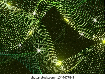 Bright dynamic background with wavy lines from circles, dots. Particles of different scale neon color on a dark background. Vector illustration of abstract technology background for your design.