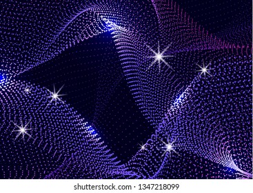 Bright dynamic background with wavy lines from circles, dots. Particles of different scale neon color on a dark background. Vector illustration of abstract technology background for your design.
