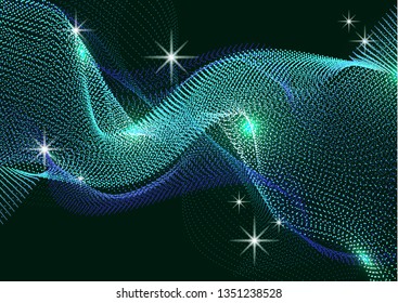 Bright dynamic background with wavy lines from circles, dots. Particles of different scale neon color on a dark background. Vector illustration of abstract technology background for your design.