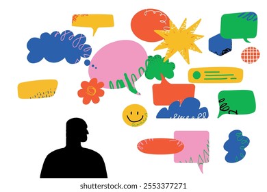 A bright and dynamic illustration with a human silhouette of thought bubbles of different shapes. A metaphor for creativity, self-expression and the power of ideas.