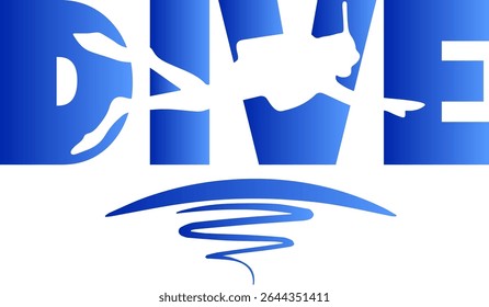 The bright and dynamic illustration represents the word DIVE, into which the silhouette of a diver in a horizontal position is organically inscribed.