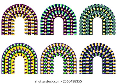 Bright and dynamic optical illusion rainbows with intricate geometric patterns. Ideal for abstract designs, modern decor, or digital art projects. Perfect for creative backgrounds.