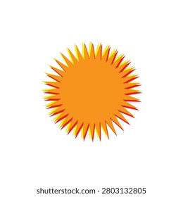 A bright and dynamic vector illustration of a multi-pointed circular sunburst or starburst shape, isolated on a square white background. The graphic features a prominent orange central disc extending into dense, sharp spikes layered with underlying yellow and red tips that create a vibrant 3D or shadow effect. This versatile design element universally represents the hot summer sun, solar energy, explosion effects, flash bursts, star badges, eye-catching promotional sales tags, and comic book action elements. Perfectly suited for seasonal weather infographics, eco-friendly energy branding, e-commerce discount labels, promotional banners, and modern graphic design layouts.