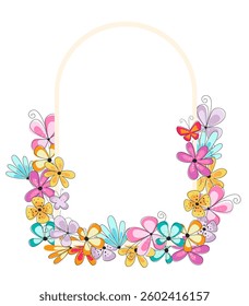 Bright easter arch frame with colorful flowers and butterflies. Easter celebration background. Spring frame for card, invitation.