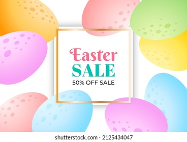 Bright Easter background of eggs. Spring sale banner template. Border of colorful chocolate eggs. Vector 10 EPS.
