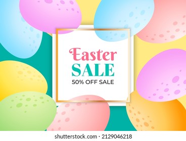 Bright Easter background of eggs. Spring sale banner template. Border of colorful chocolate eggs. Vector 10 EPS.