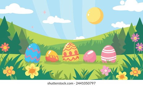 Bright easter background featuring easter eggs and spring time scene - vector for easter egg hunt design. Easter landscape with spring flowers.