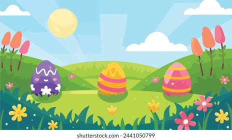 Fondo de Pascua brillante con huevos de Pascua y escena de primavera - vector para el diseño de la caza de huevos de Pascua. Paisaje de Pascua con flores de primavera.