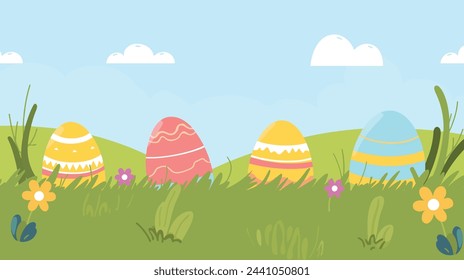 Bright easter background featuring easter eggs and spring time scene - vector for easter egg hunt design. Easter landscape with spring flowers.