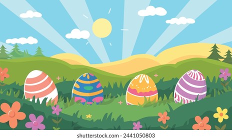 Bright easter background featuring easter eggs and spring time scene - vector for easter egg hunt design. Easter landscape with spring flowers.