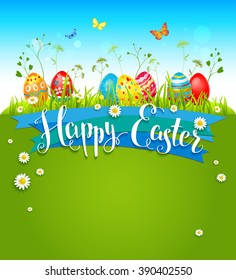 Bright Easter background with flowers and eggs. Background for design card, banner,ticket, leaflet and so on.Template page with handwritten inscription Happy Easter. Holiday card. Place for text.