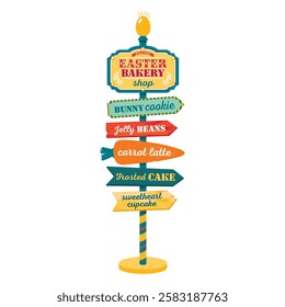 Bright Easter bakery sign with arrows - bunny cookies, carrot latte, jelly beans, glazed cake, sweetheart cake. illustrated vector clipart.
