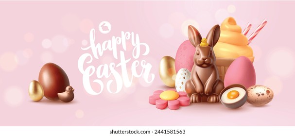 Banner de Pascua brillante con conejito de Pascua de chocolate, huevos de Pascua y otros elementos festivos. Caricatura minimalista infantil estilo 3D. Inscripción caligráfica que puede sustituir por su propio mensaje. 