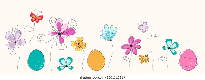 Bright easter border with colorful flowers and butterflies. Easter celebration background. Seamless spring border for card, invitation.