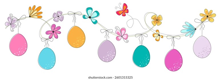 Bright easter border with colorful flowers and butterflies. Easter celebration background. Seamless spring border for card, invitation.