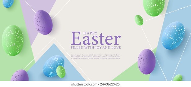 Tarjeta de Pascua brillante con huevos de Pascua 3D multicolor. Huevos de Pascua de textura verde, púrpura y azul. Fondo de Pascua, cartel, pancarta.