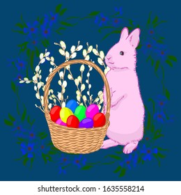 bright Easter card with wicker basket and eggs, vector illustration