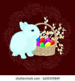 bright Easter card with wicker basket and eggs, vector illustration