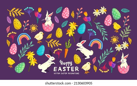Bright easter celebrations collection with eggs, rabbits and floral decorations! Vector illustration