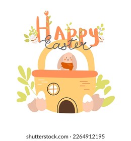 Bright easter composition with basket, rabbit, eggs, floral elements and lettering. Vector illustration in modern minimalism style. 