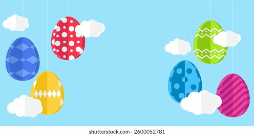 Bright easter corners with colorful paper cut eggs and clouds. Easter celebration background