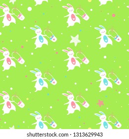 Bright Easter design. Childish seamless pattern in cartoon style. Cute rabbits with basket of eggs. Vector holiday illustration for advertising, poster, banner, wrapping paper