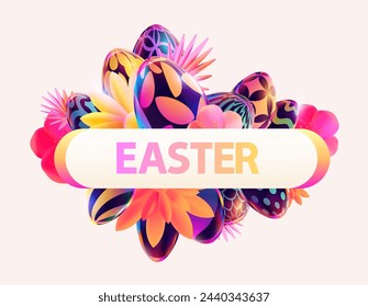 Bright Easter design. Colorful banner with eggs and spring flowers. Holiday greeting card.