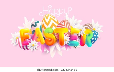 Bright Easter design. Colorful letters with colored eggs and spring flowers. Colorful holiday banner.