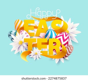 Bright Easter design. Golden letters with colored eggs and spring flowers. Festive rainbow illustration.