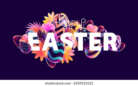 Diseño brillante de Pascua. Letras blancas con huevos de colores y flores de primavera. Banner de vacaciones colorido.