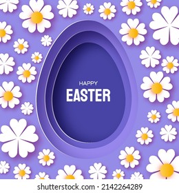 Bright Easter Egg With Flowers For Greeting Cards, Posters, Invitations. Happy Easter Greetings Card With Cute Egg In Paper Cut Style. Bunny Layered Frame. Easter Egg Hunt. Spring Scene.