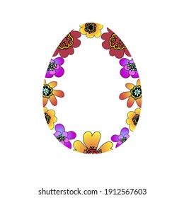 Huevo de Pascua brillante hecho de flores y pintado en colores multicolores, la silueta del huevo es transparente. Material en estilo de caricatura aislado en fondo blanco.