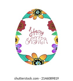Bright Easter egg made of flowers and leaves, transparent silhouette of the egg, Happy Easter lettering inside. Vector illustration in cartoon style isolated on white background