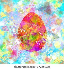 Bright Easter egg painted with a pattern of triangles. The effect of watercolors and scribble