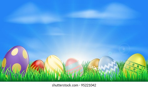 Bright Easter eggs background with pretty decorated Easter eggs in the grass