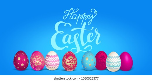 Bright Easter eggs festive banner. Easter holiday illustration for design card, invitation, banner, ticket, leaflet, poster and so on. Template with space for text. Happy Easter lettering.