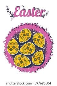 Bright Easter eggs lying in the nest. Poster for Easter. Painted by pattern Easter eggs.