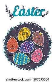 Bright Easter eggs lying in the nest. Poster for Easter. Painted by pattern Easter eggs.