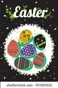 Bright Easter eggs lying in the nest. Poster for Easter. Painted by pattern Easter eggs.