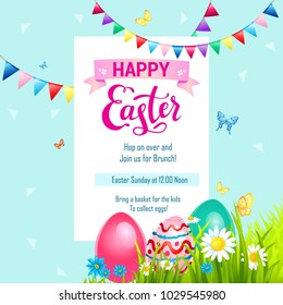 Bright Easter eggs on a grass. Easter holiday background for design card, banner, ticket, leaflet, poster and so on. Template with space for text. Happy Easter template.