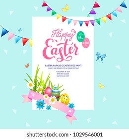 Bright Easter eggs on a grass. Easter holiday background for design card, banner, ticket, leaflet, poster and so on. Template with space for text. Happy Easter template.