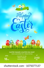 Bright Easter eggs on a grass. Easter holiday background for design card, banner, ticket, leaflet, poster and so on. Template with space for text. Happy Easter lettering.