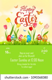 Bright Easter eggs on a grass. Easter holiday background for design card, banner, ticket, leaflet, poster and so on. Template with space for text. Happy Easter lettering.