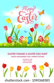 Bright Easter eggs on a grass. Easter holiday background for design card, banner, ticket, leaflet, poster and so on. Template with space for text. Happy Easter lettering.
