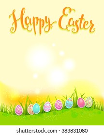 Bright Easter eggs on a grass. Easter holiday background  for design card, banner,ticket, leaflet and so on.