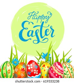 Bright Easter eggs on a grass. Holiday background for design card, banner, ticket, leaflet, poster and so on. Holiday spring card.