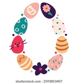 Bright Easter frame with colorful eggs and flowers, perfect for greeting cards, invitations, templates, social media posts, and prints. Ideal for festive designs and spring celebrations.