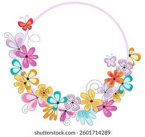 Bright easter frame with colorful flowers and butterflies. Easter celebration background. Spring frame for card, invitation.